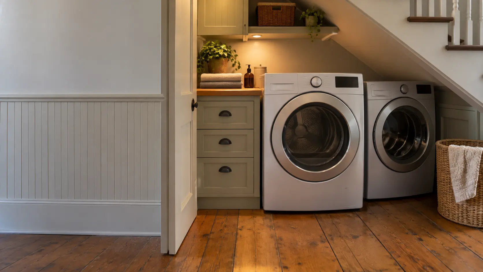A laundry room with a front-load dryer in a Bay Area Victorian with a laundry closet under the stairs, painted wainscoting and old fir floors, seen wider, the room around the dryer and its matching washer.