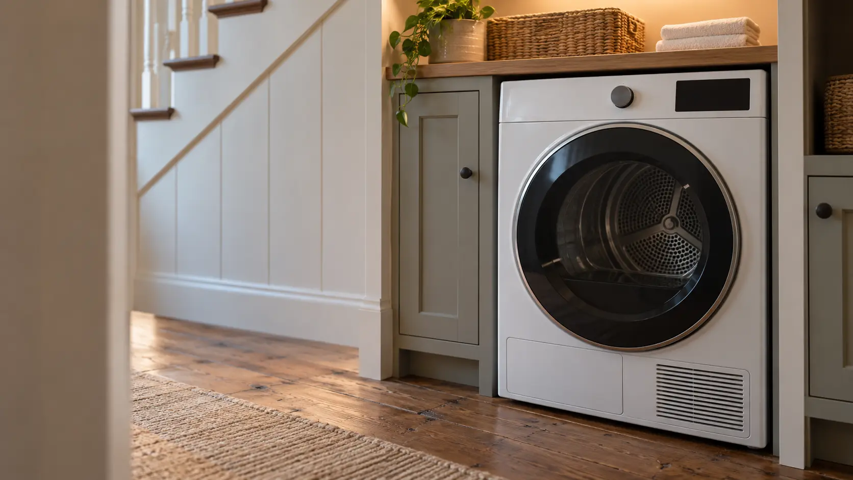 A laundry room with a front-load dryer in a Bay Area Victorian with a laundry closet under the stairs, painted wainscoting and old fir floors, seen close on the dryer's front, the room soft behind it.
