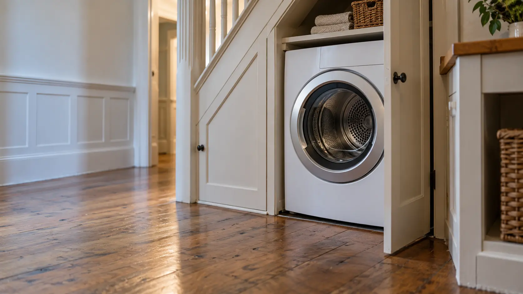 A laundry room with a front-load dryer in a Bay Area Victorian with a laundry closet under the stairs, painted wainscoting and old fir floors, seen from a low angle along the floor, the dryer door catching the light.
