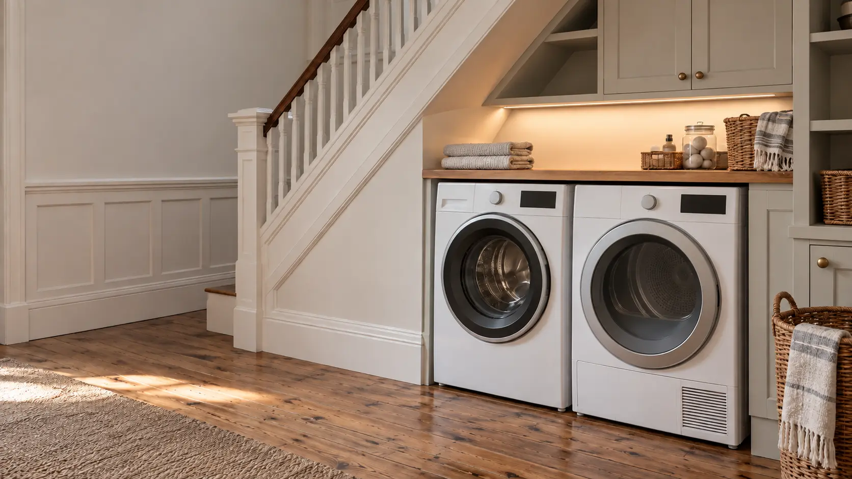 A laundry room with a front-load dryer in a Bay Area Victorian with a laundry closet under the stairs, painted wainscoting and old fir floors, seen wider, the room around the dryer and its matching washer.