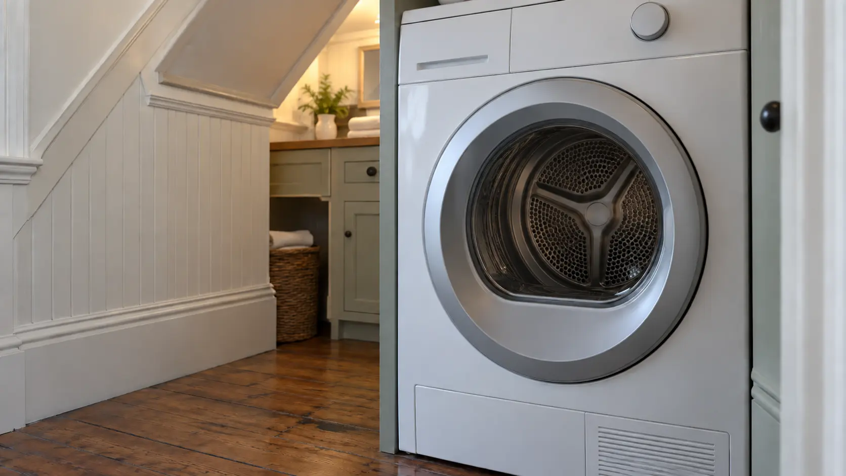 A laundry room with a front-load dryer in a Bay Area Victorian with a laundry closet under the stairs, painted wainscoting and old fir floors, seen close on the dryer's front, the room soft behind it.