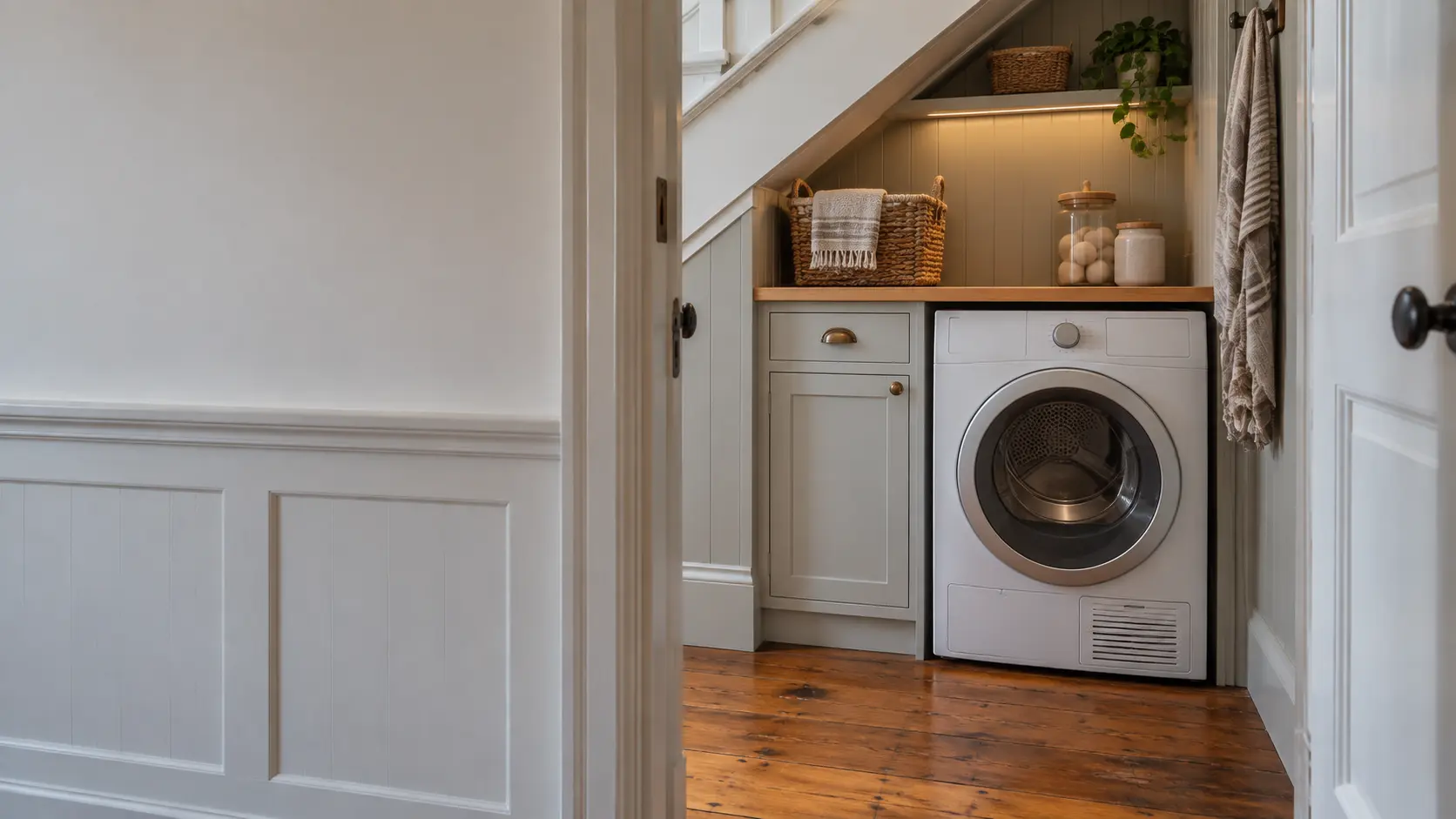 A laundry room with a front-load dryer in a Bay Area Victorian with a laundry closet under the stairs, painted wainscoting and old fir floors, seen straight on from the doorway, the dryer at the center-right.