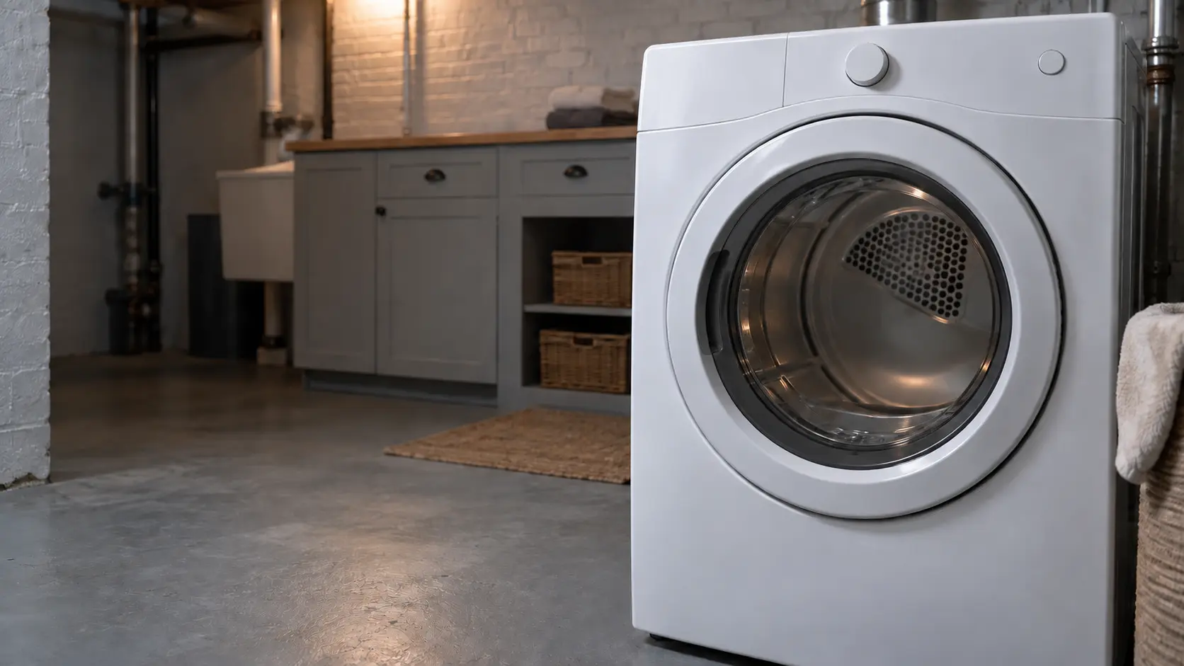 A laundry room with a front-load dryer in an older Chicago-area brick house with a basement laundry area, painted concrete floor and exposed pipes, seen close on the dryer's front, the room soft behind it.