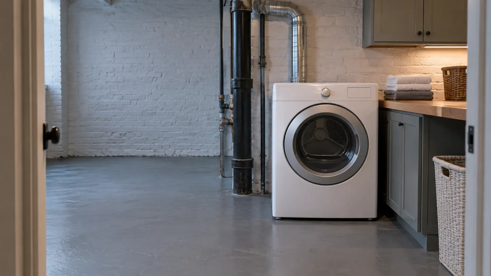 A laundry room with a front-load dryer in an older Chicago-area brick house with a basement laundry area, painted concrete floor and exposed pipes, seen straight on from the doorway, the dryer at the center-right.
