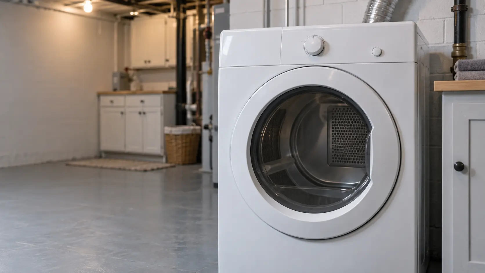 A laundry room with a front-load dryer in an older Chicago-area brick house with a basement laundry area, painted concrete floor and exposed pipes, seen close on the dryer's front, the room soft behind it.