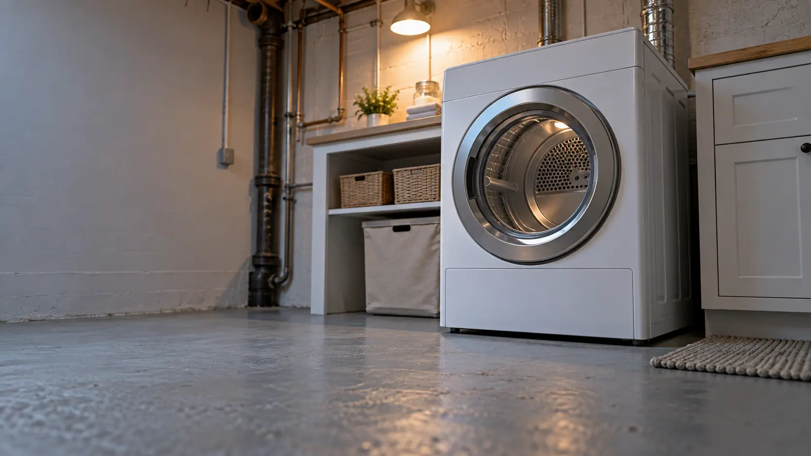 A laundry room with a front-load dryer in an older Chicago-area brick house with a basement laundry area, painted concrete floor and exposed pipes, seen from a low angle along the floor, the dryer door catching the light.
