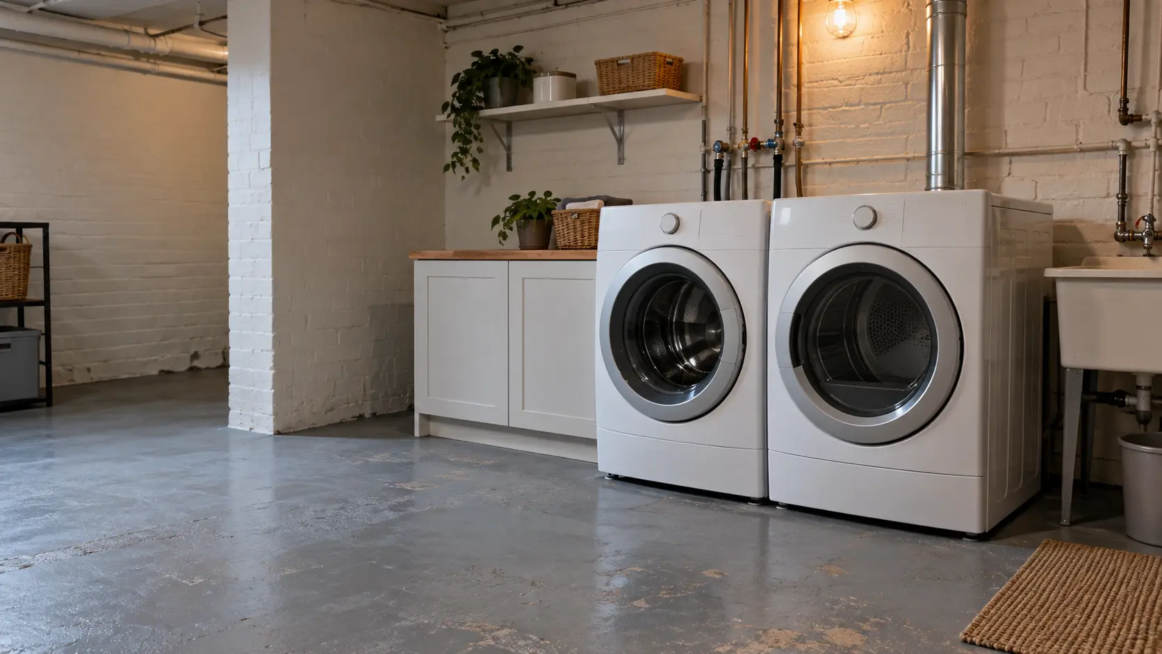 A laundry room with a front-load dryer in an older Chicago-area brick house with a basement laundry area, painted concrete floor and exposed pipes, seen wider, the room around the dryer and its matching washer.