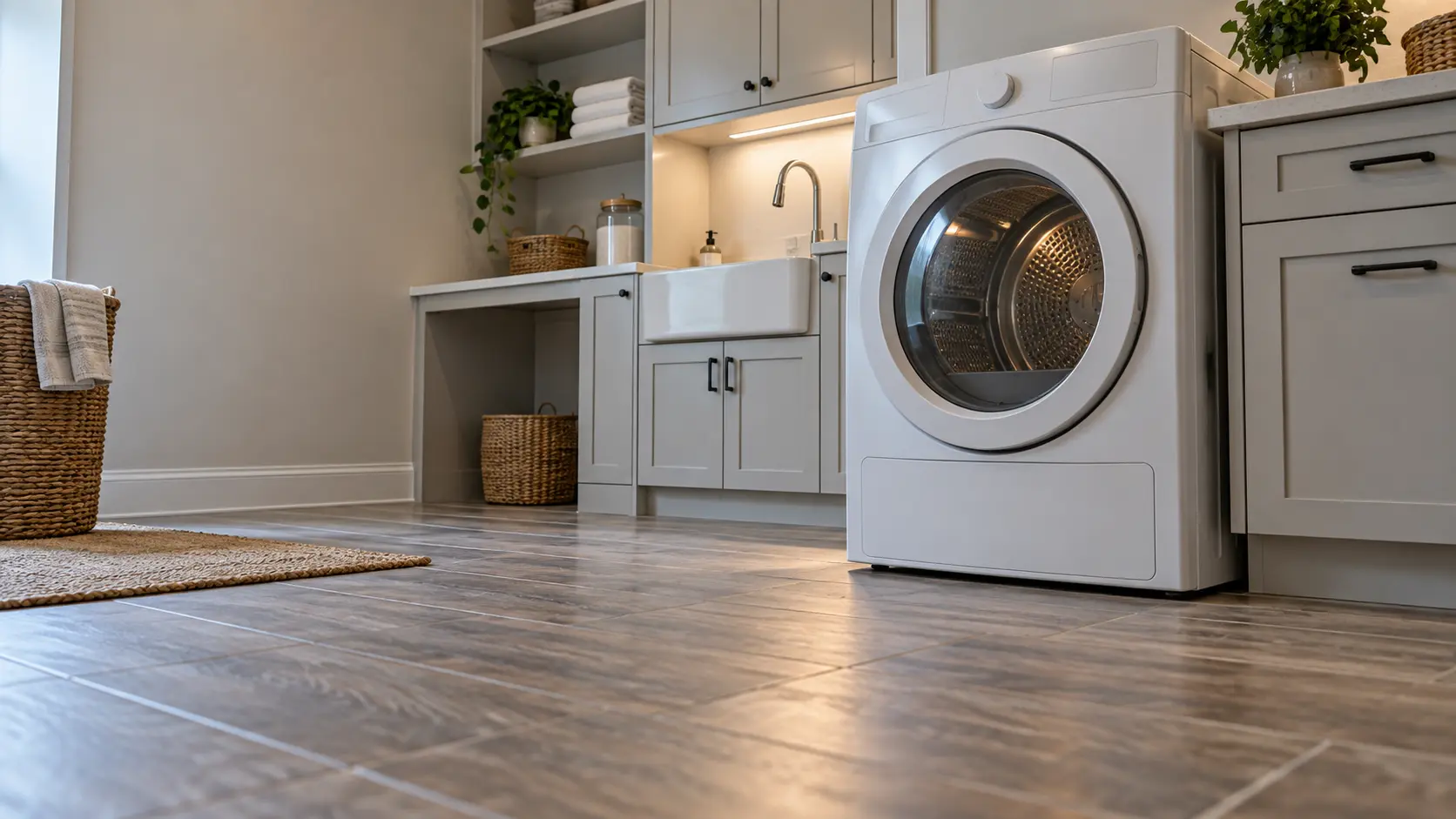 A laundry room with a front-load dryer in a large Texas suburban house with a spacious utility room, wood-look tile and a deep utility sink, seen from a low angle along the floor, the dryer door catching the light.