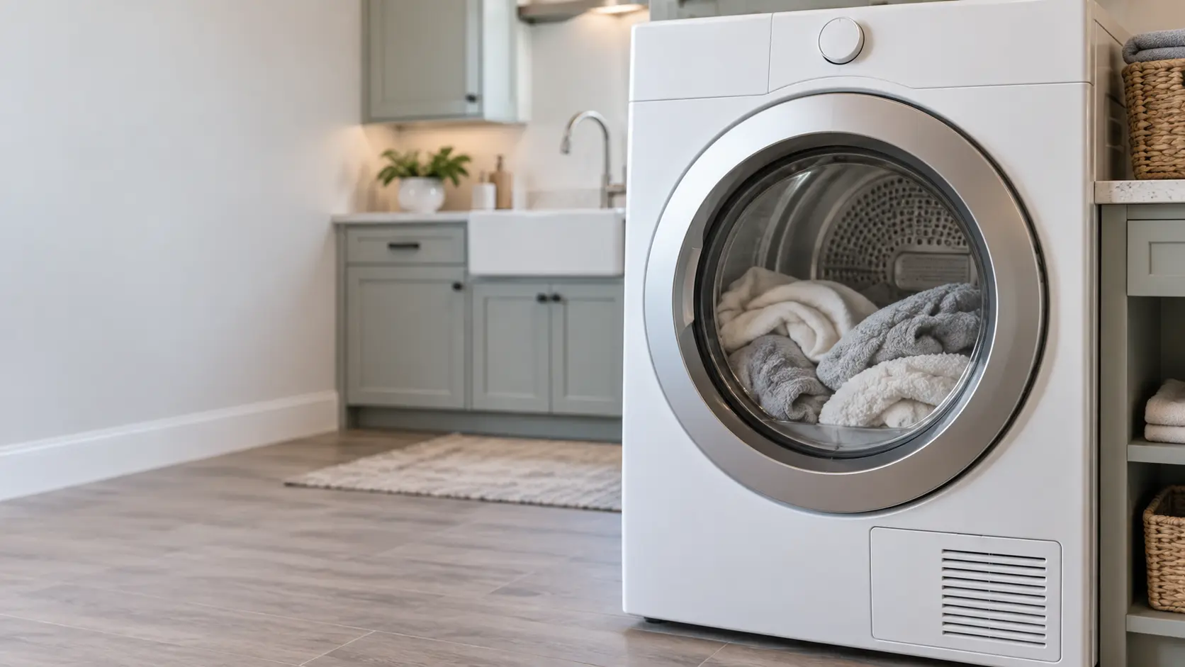 A laundry room with a front-load dryer in a large Texas suburban house with a spacious utility room, wood-look tile and a deep utility sink, seen close on the dryer's front, the room soft behind it.