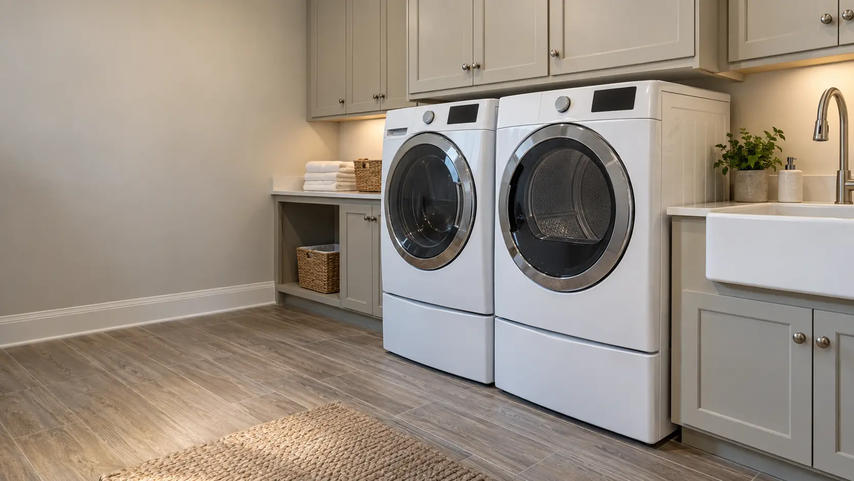 A laundry room with a front-load dryer in a large Texas suburban house with a spacious utility room, wood-look tile and a deep utility sink, seen wider, the room around the dryer and its matching washer.