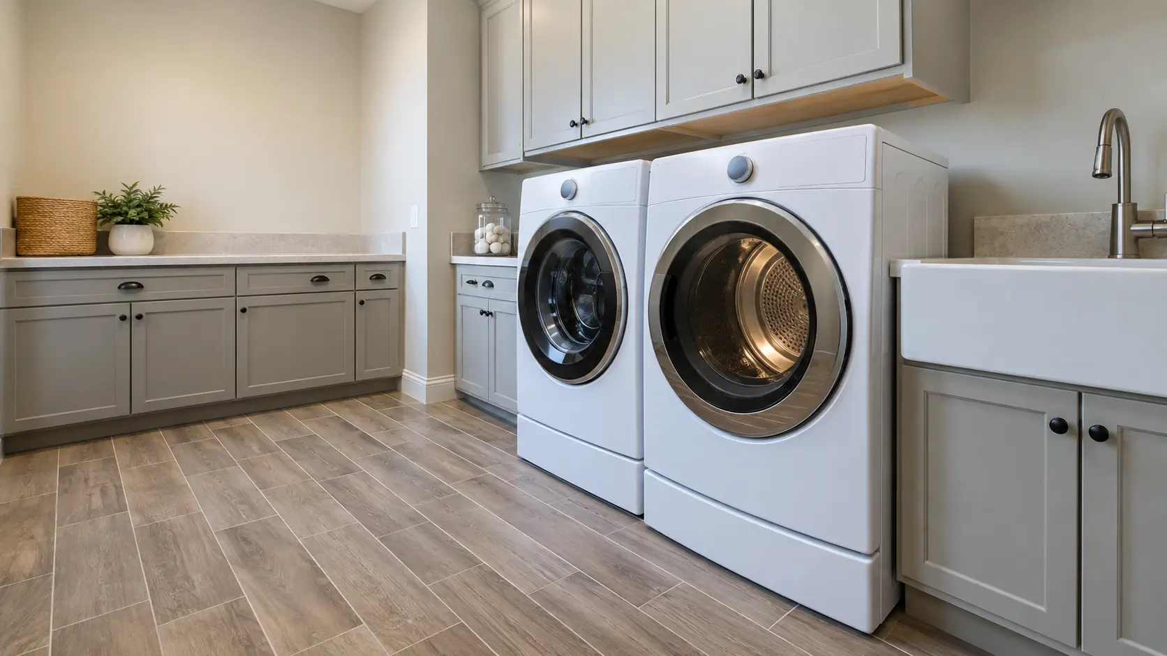 A laundry room with a front-load dryer in a large Texas suburban house with a spacious utility room, wood-look tile and a deep utility sink, seen wider, the room around the dryer and its matching washer.