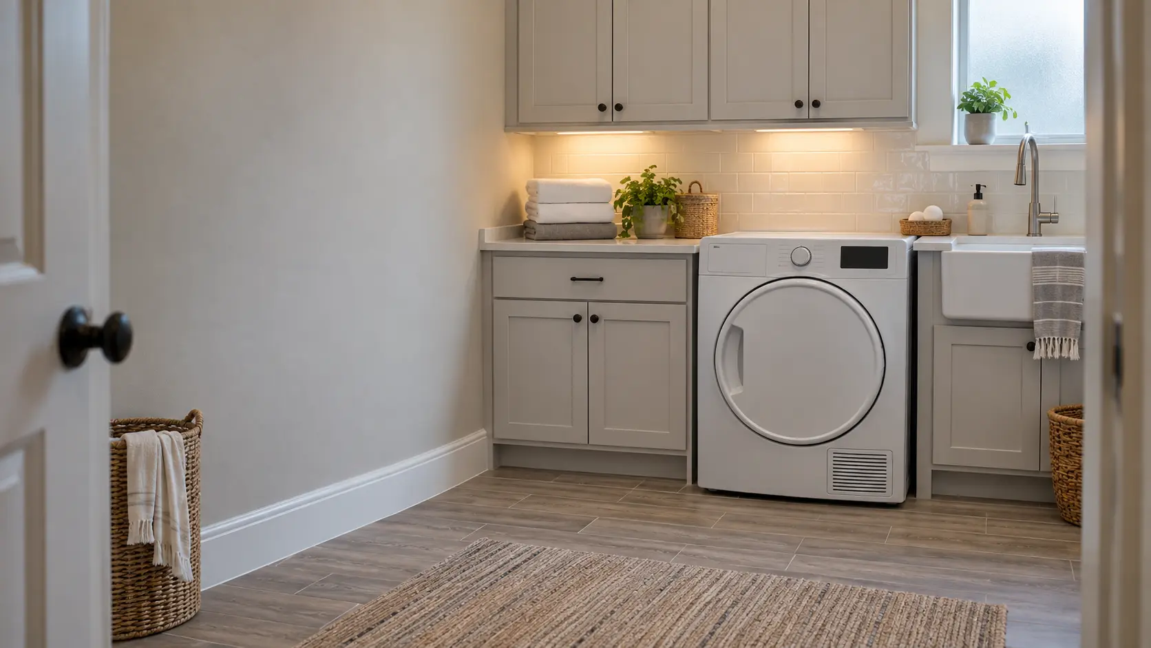 A laundry room with a front-load dryer in a large Texas suburban house with a spacious utility room, wood-look tile and a deep utility sink, seen straight on from the doorway, the dryer at the center-right.