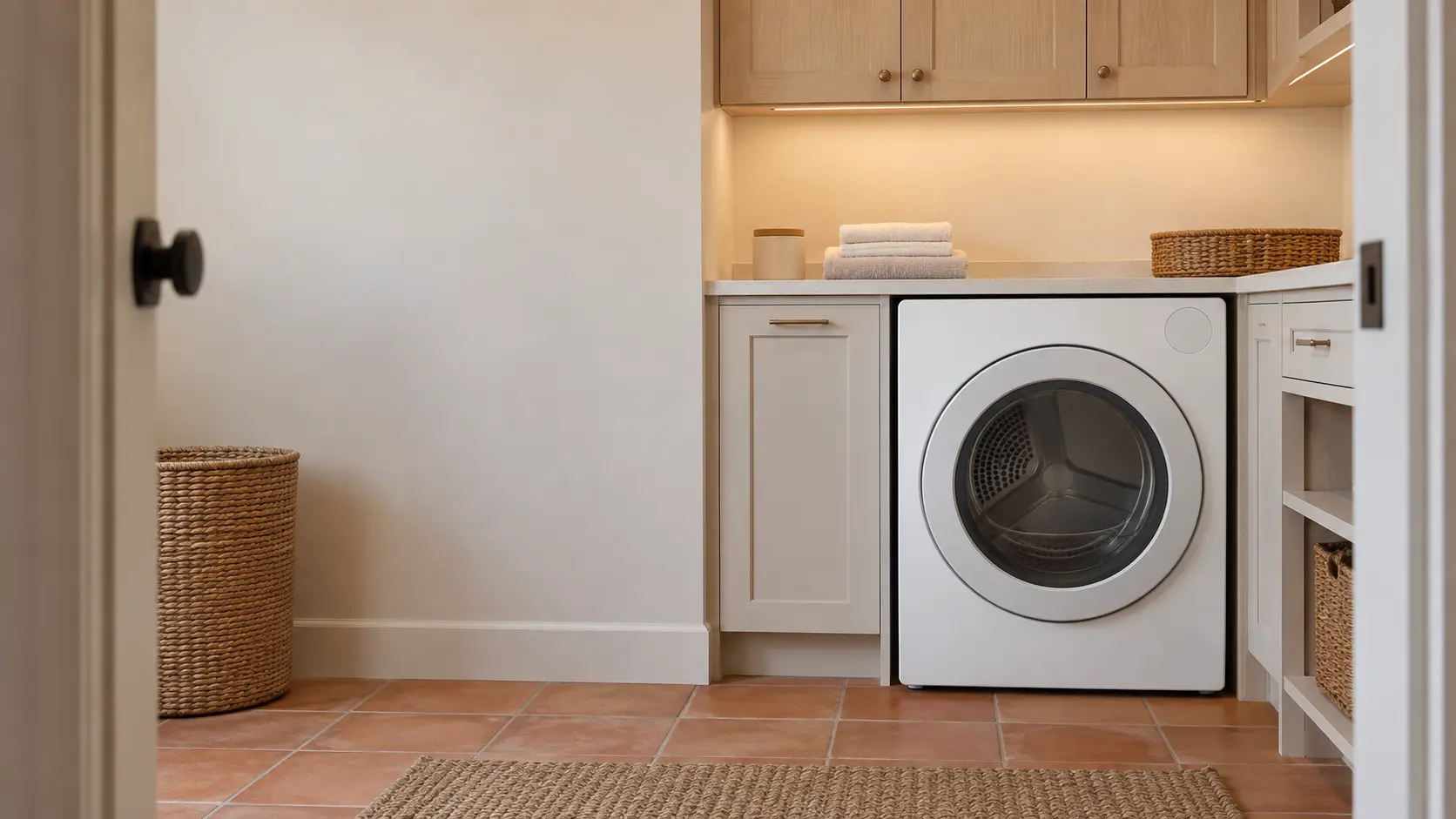 A laundry room with a front-load dryer in a Southern California house with a laundry nook off the kitchen, pale oak cabinets and terracotta tile, seen straight on from the doorway, the dryer at the center-right.