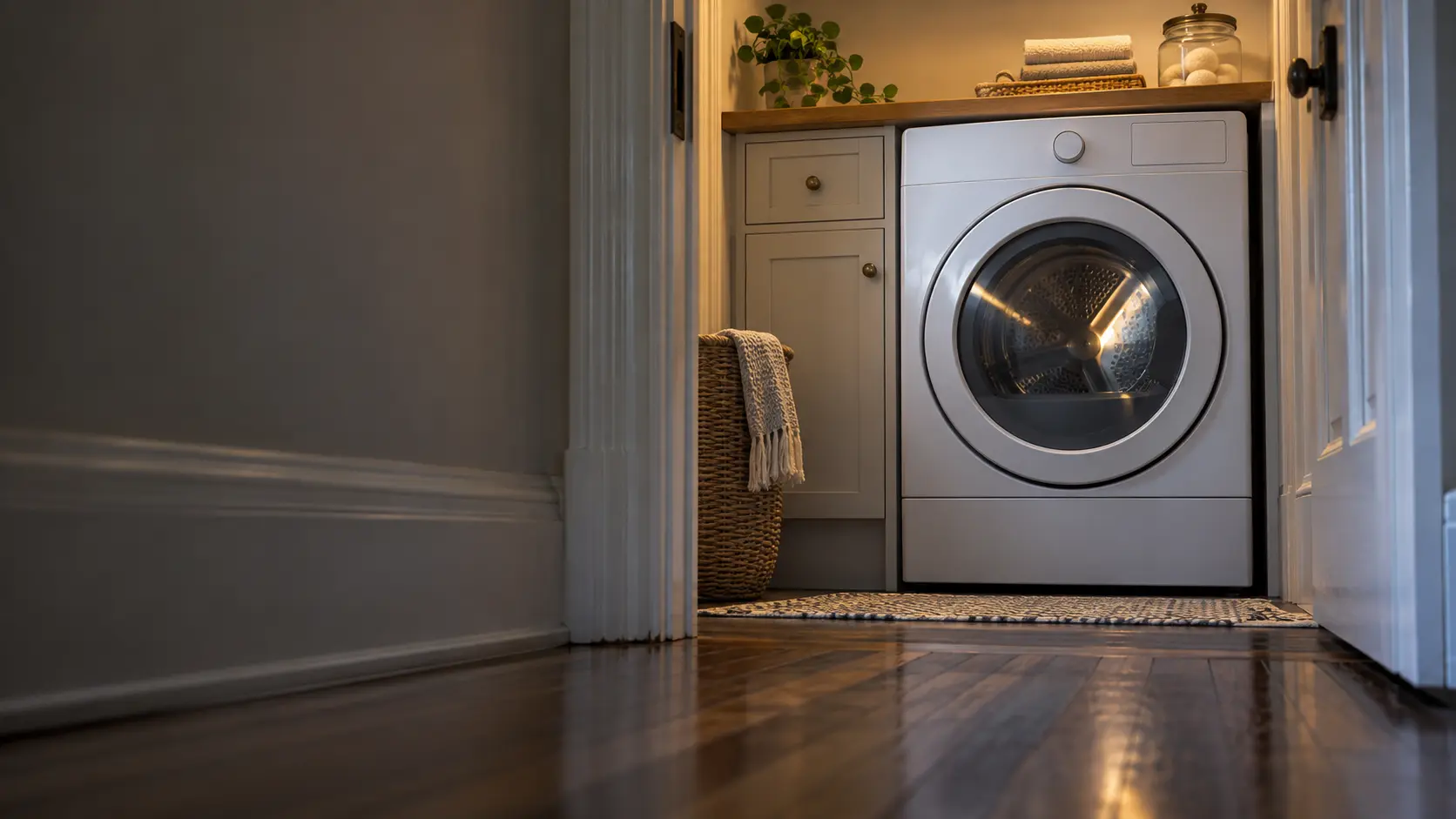A laundry room with a front-load dryer in a prewar New York apartment with a tight laundry closet, narrow hardwood floors and painted trim, seen from a low angle along the floor, the dryer door catching the light.