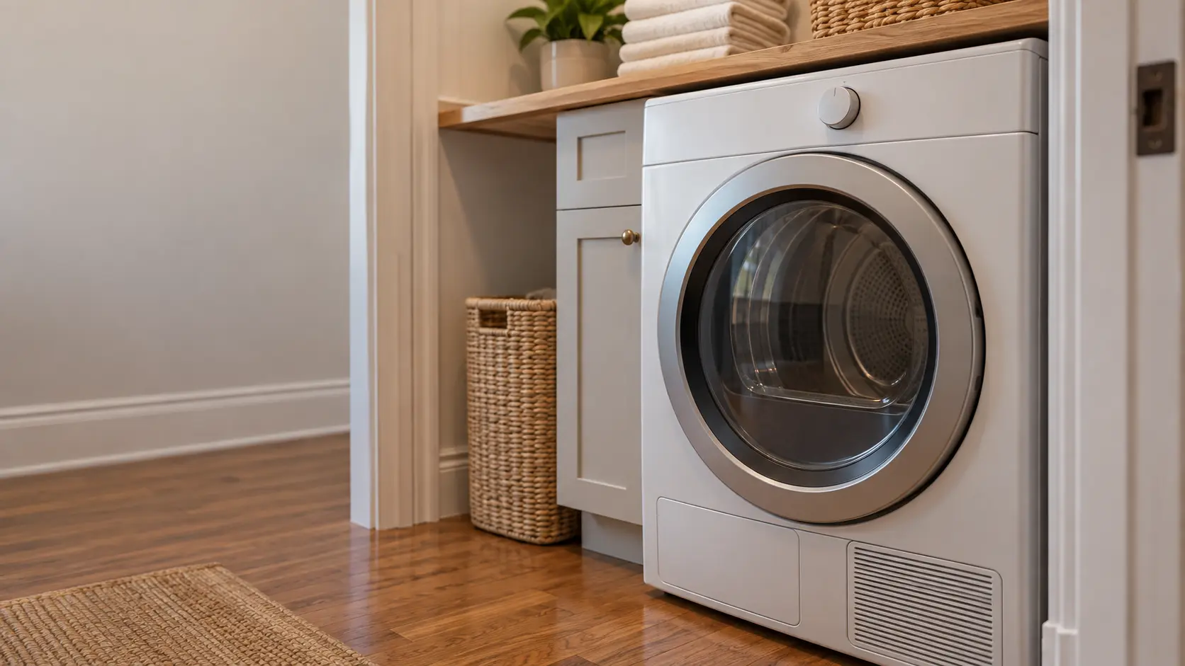 A laundry room with a front-load dryer in a prewar New York apartment with a tight laundry closet, narrow hardwood floors and painted trim, seen close on the dryer's front, the room soft behind it.