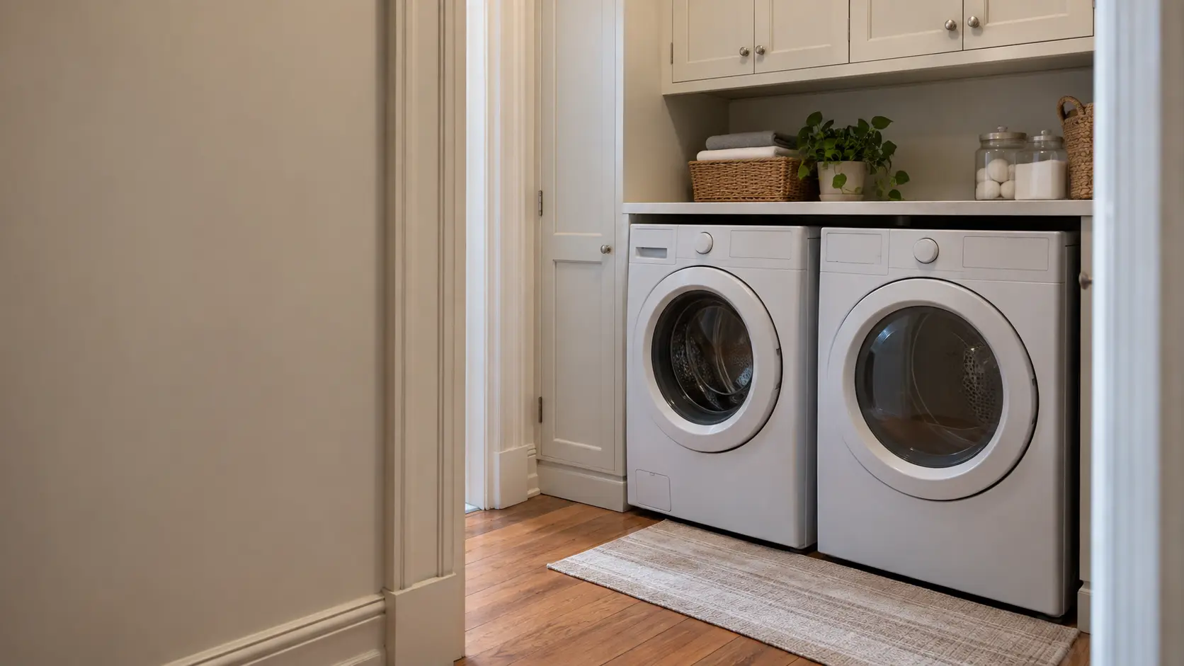 A laundry room with a front-load dryer in a prewar New York apartment with a tight laundry closet, narrow hardwood floors and painted trim, seen wider, the room around the dryer and its matching washer.