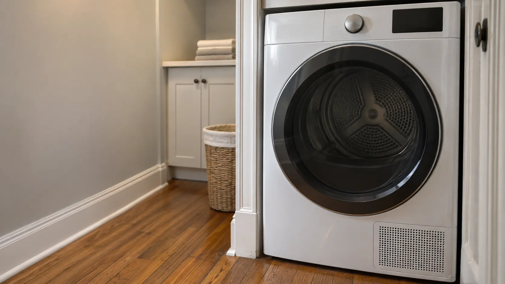 A laundry room with a front-load dryer in a prewar New York apartment with a tight laundry closet, narrow hardwood floors and painted trim, seen close on the dryer's front, the room soft behind it.