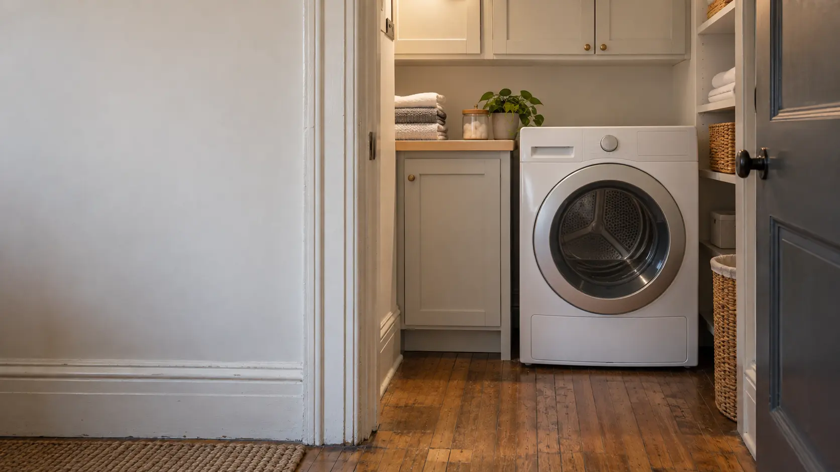 A laundry room with a front-load dryer in a prewar New York apartment with a tight laundry closet, narrow hardwood floors and painted trim, seen straight on from the doorway, the dryer at the center-right.