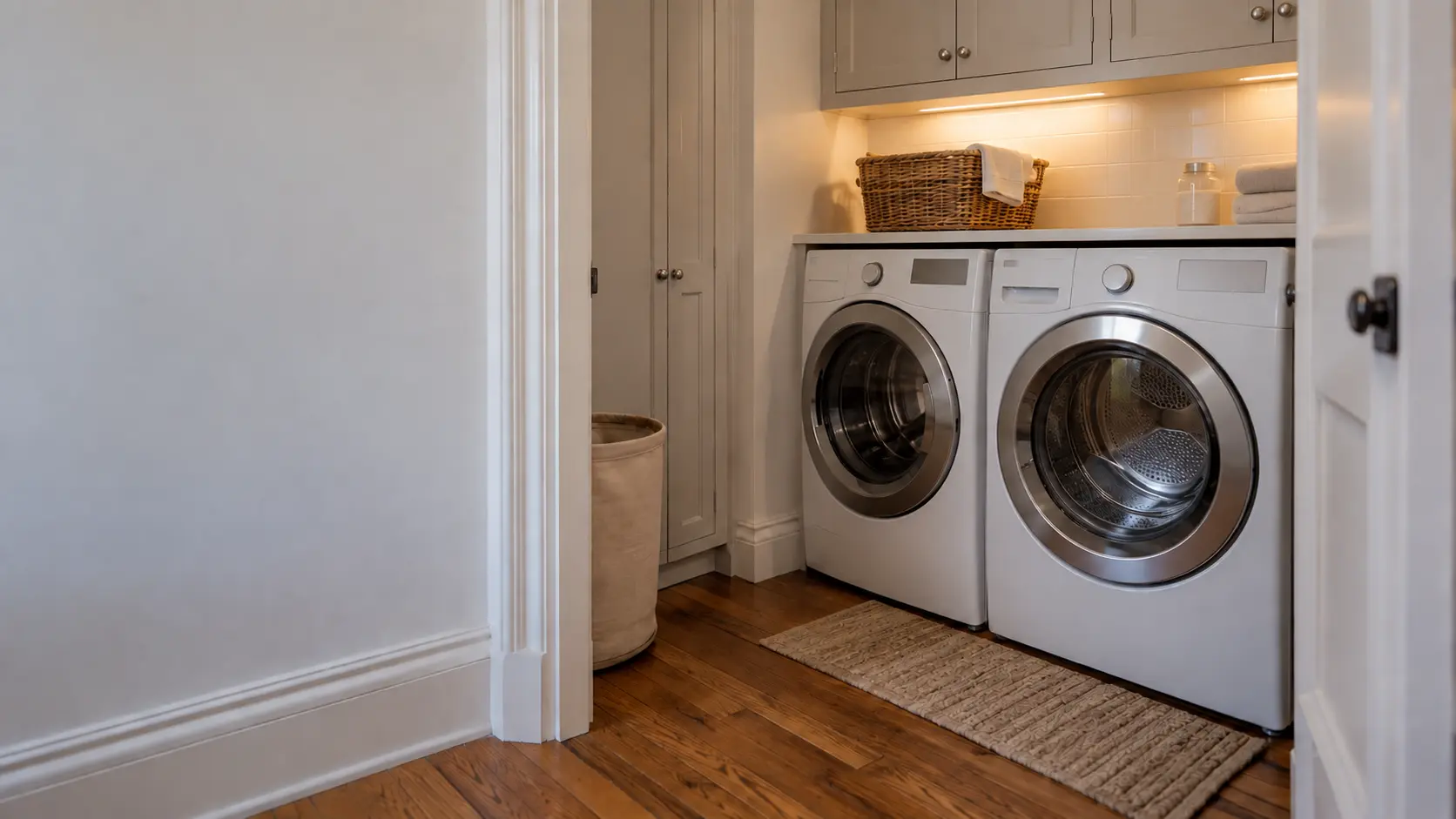 A laundry room with a front-load dryer in a prewar New York apartment with a tight laundry closet, narrow hardwood floors and painted trim, seen wider, the room around the dryer and its matching washer.
