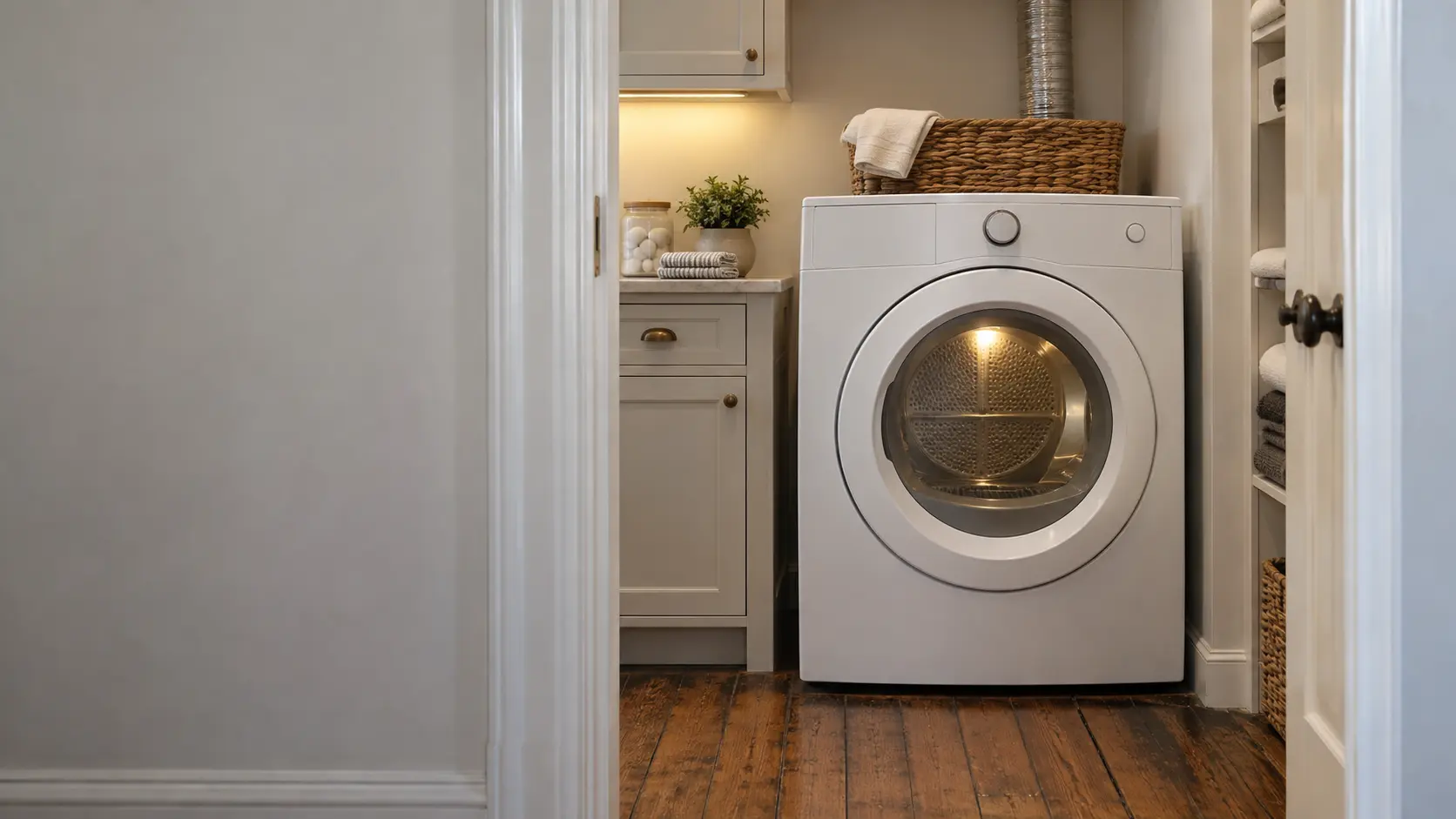 A laundry room with a front-load dryer in a prewar New York apartment with a tight laundry closet, narrow hardwood floors and painted trim, seen straight on from the doorway, the dryer at the center-right.