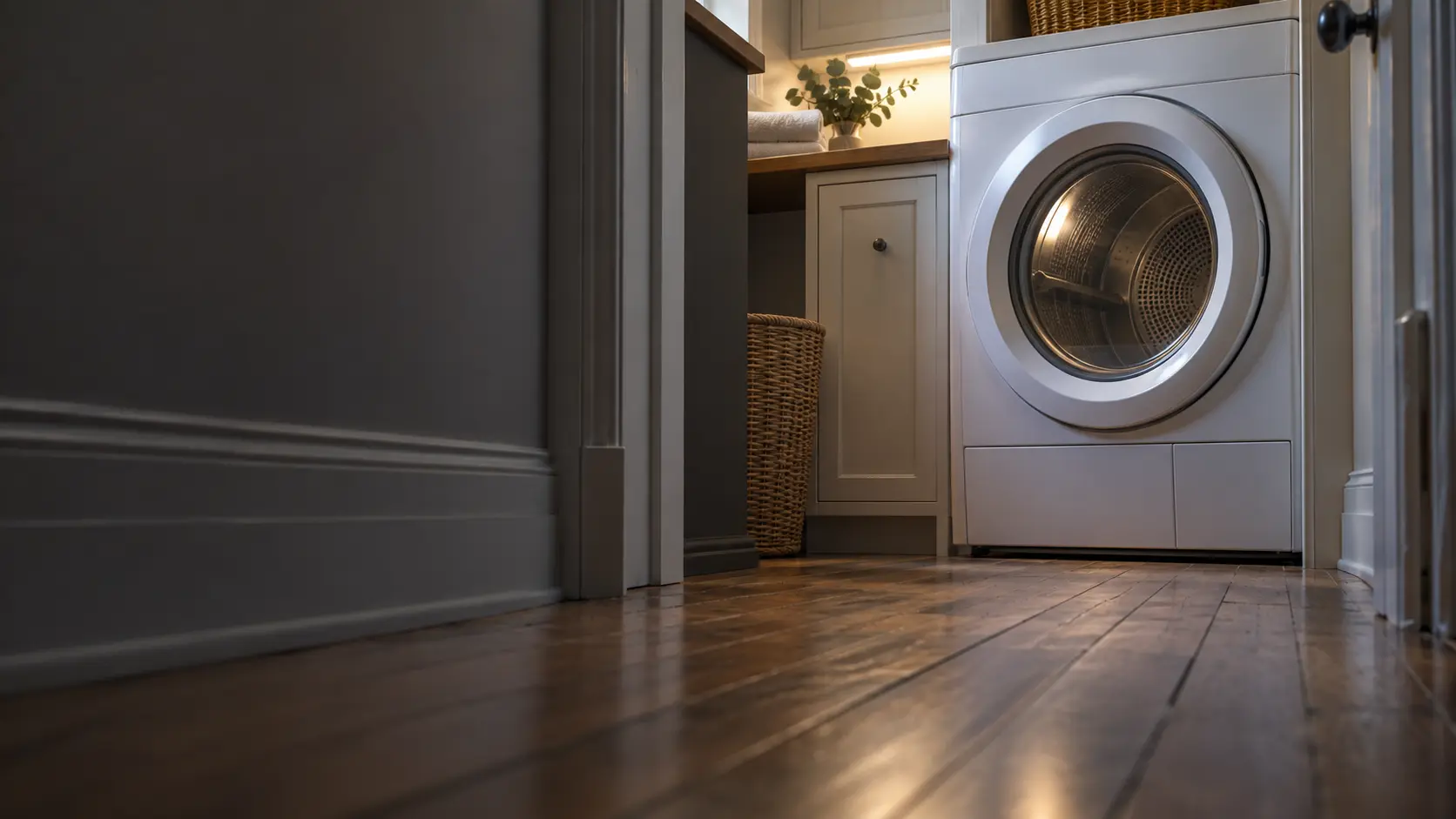 A laundry room with a front-load dryer in a prewar New York apartment with a tight laundry closet, narrow hardwood floors and painted trim, seen from a low angle along the floor, the dryer door catching the light.
