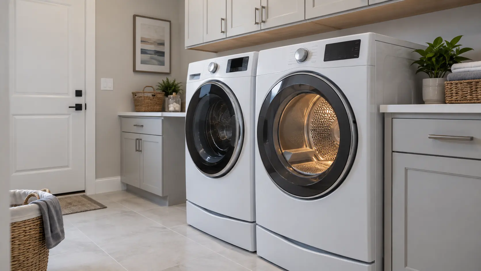 A laundry room with a front-load dryer in a newer suburban Florida home with pale tile floors and a laundry room off the garage entry, seen wider, the room around the dryer and its matching washer.