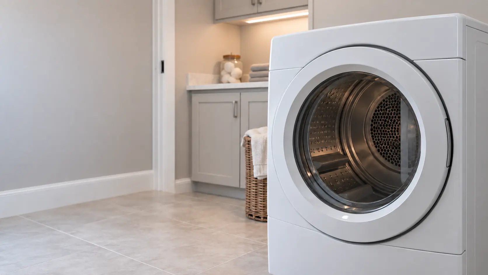 A laundry room with a front-load dryer in a newer suburban Florida home with pale tile floors and a laundry room off the garage entry, seen close on the dryer's front, the room soft behind it.