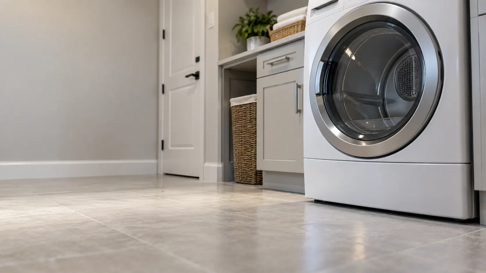 A laundry room with a front-load dryer in a newer suburban Florida home with pale tile floors and a laundry room off the garage entry, seen from a low angle along the floor, the dryer door catching the light.
