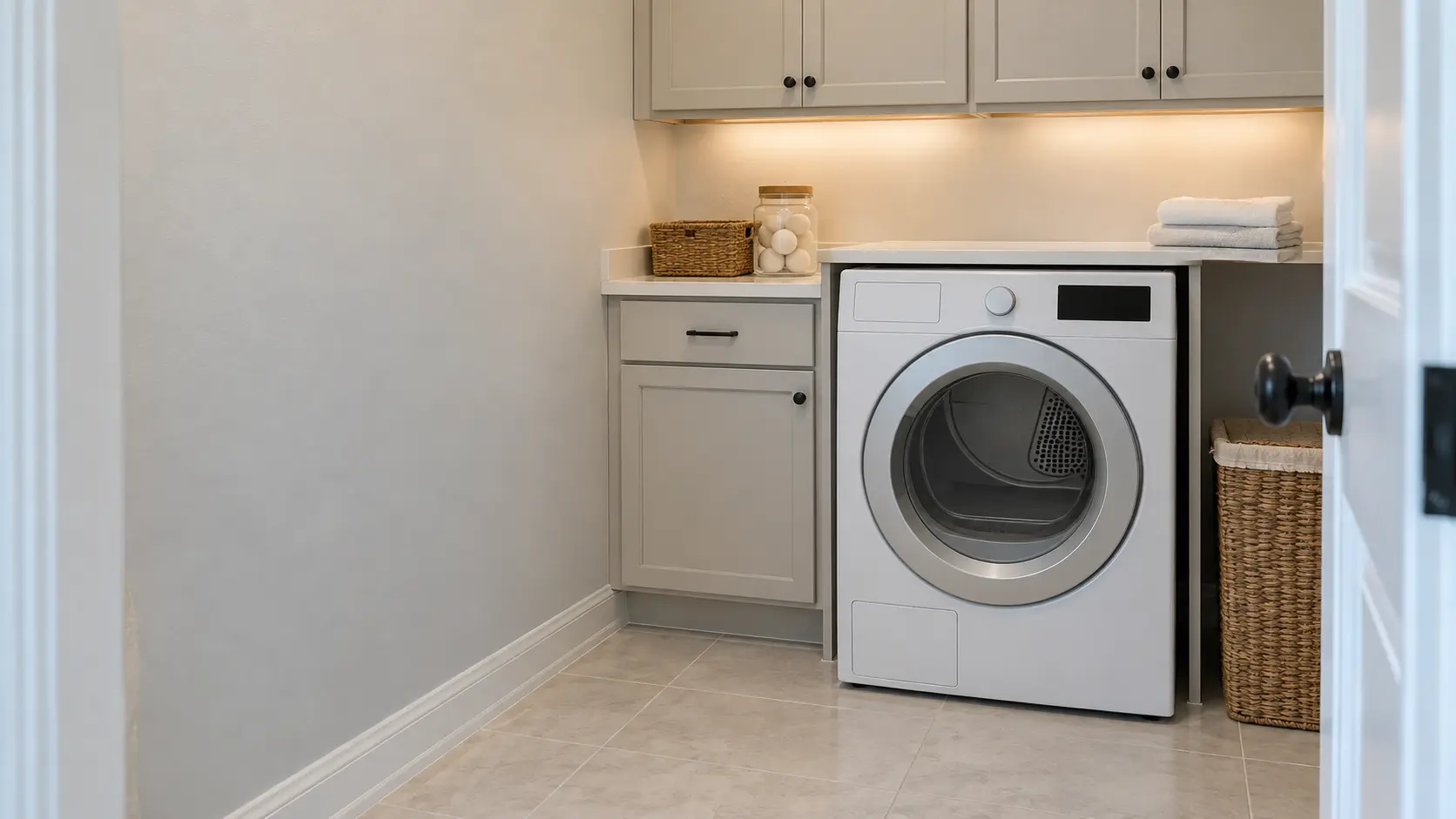 A laundry room with a front-load dryer in a newer suburban Florida home with pale tile floors and a laundry room off the garage entry, seen straight on from the doorway, the dryer at the center-right.