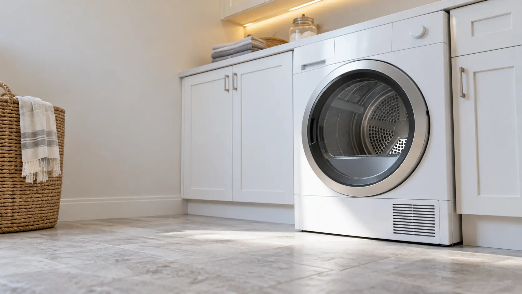 A laundry room with a front-load dryer in a coastal San Diego home with a sunlit laundry room, white shaker cabinets and light stone floor, seen from a low angle along the floor, the dryer door catching the light.