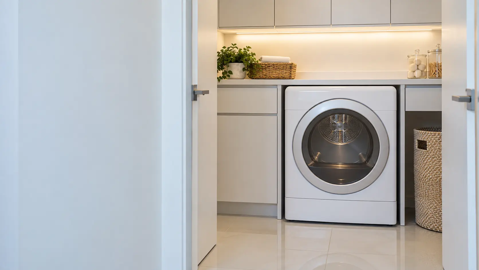 A laundry room with a front-load dryer in a Miami high-rise condo with a laundry closet behind white flush doors and glossy porcelain floors, seen straight on from the doorway, the dryer at the center-right.