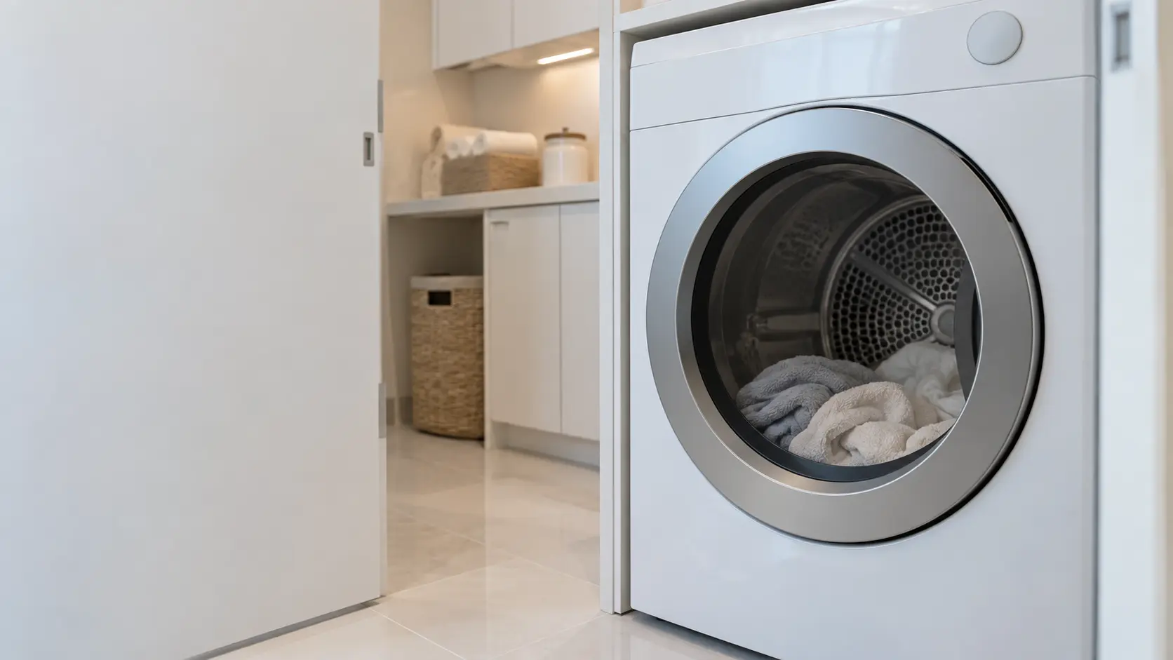 A laundry room with a front-load dryer in a Miami high-rise condo with a laundry closet behind white flush doors and glossy porcelain floors, seen close on the dryer's front, the room soft behind it.