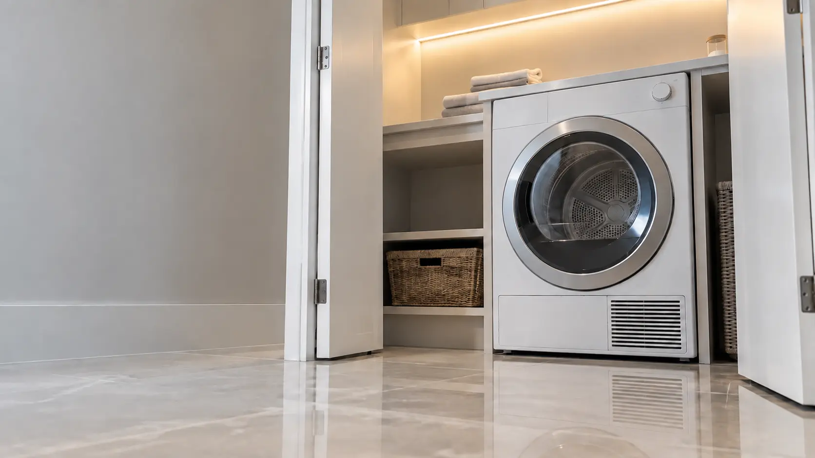 A laundry room with a front-load dryer in a Miami high-rise condo with a laundry closet behind white flush doors and glossy porcelain floors, seen from a low angle along the floor, the dryer door catching the light.