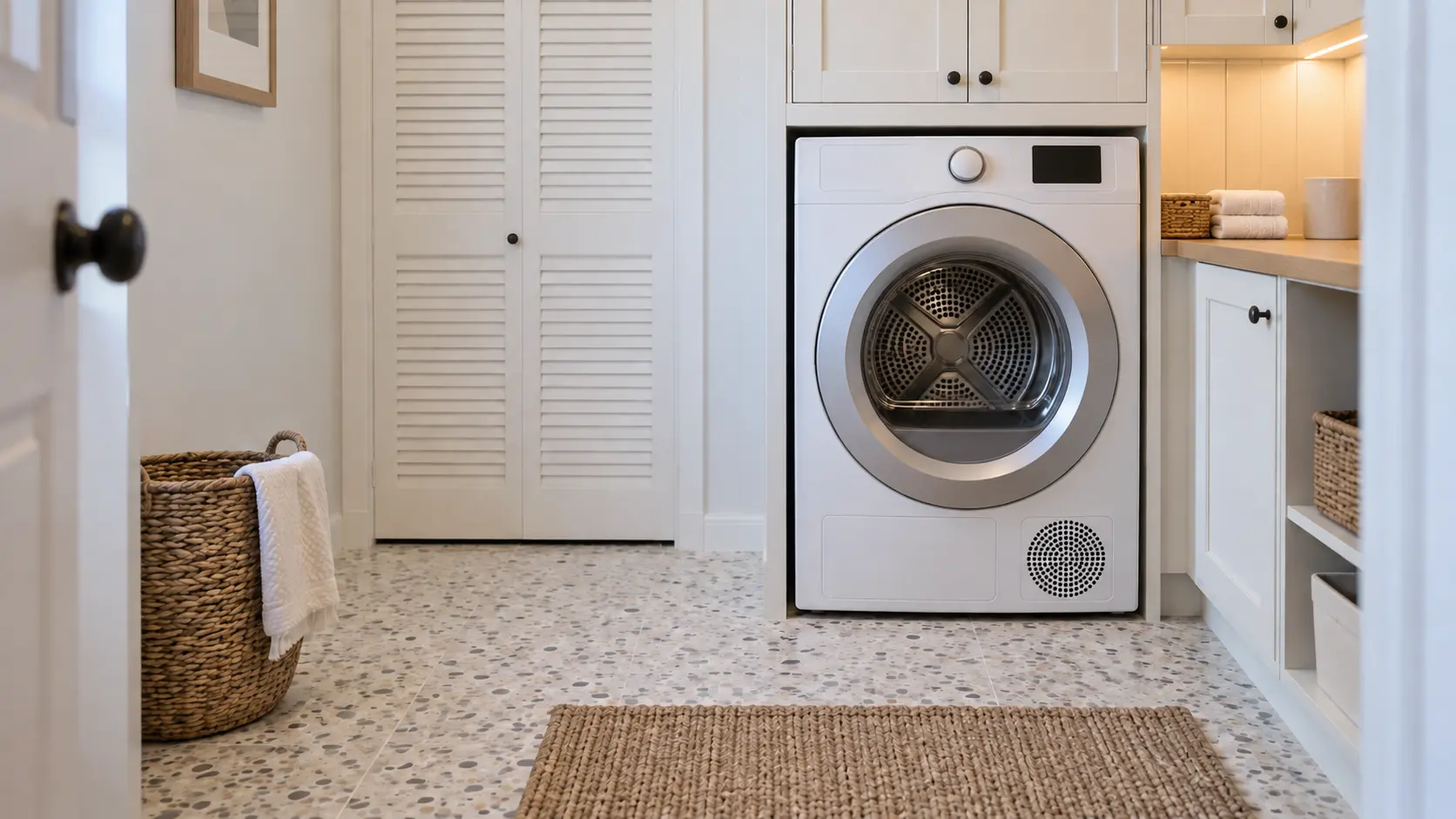 A laundry room with a front-load dryer in a bright Florida bungalow with terrazzo-look tile floors and white louvered doors, seen straight on from the doorway, the dryer at the center-right.