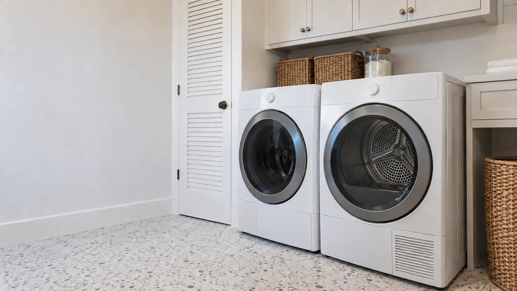 A laundry room with a front-load dryer in a bright Florida bungalow with terrazzo-look tile floors and white louvered doors, seen wider, the room around the dryer and its matching washer.