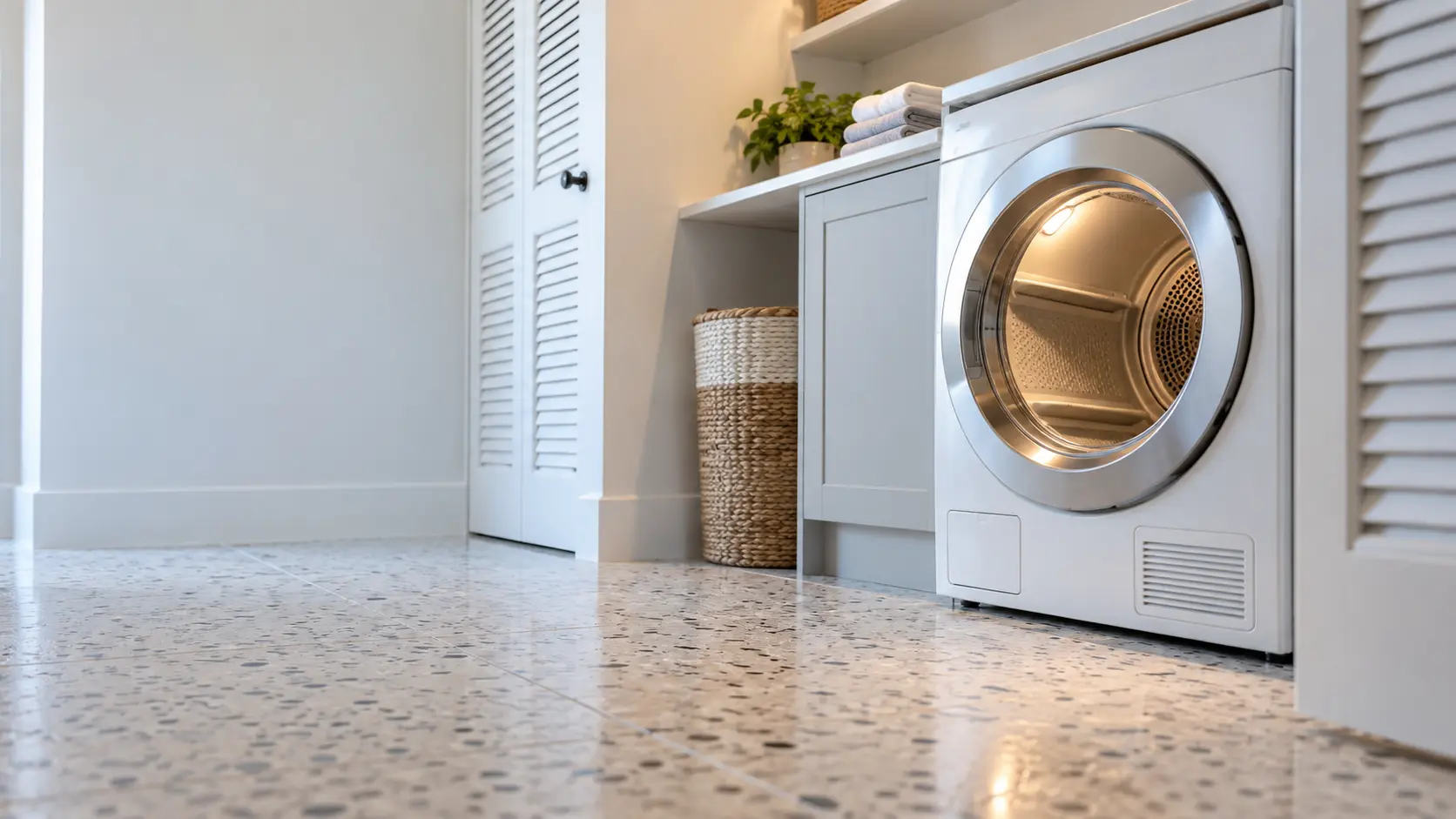A laundry room with a front-load dryer in a bright Florida bungalow with terrazzo-look tile floors and white louvered doors, seen from a low angle along the floor, the dryer door catching the light.