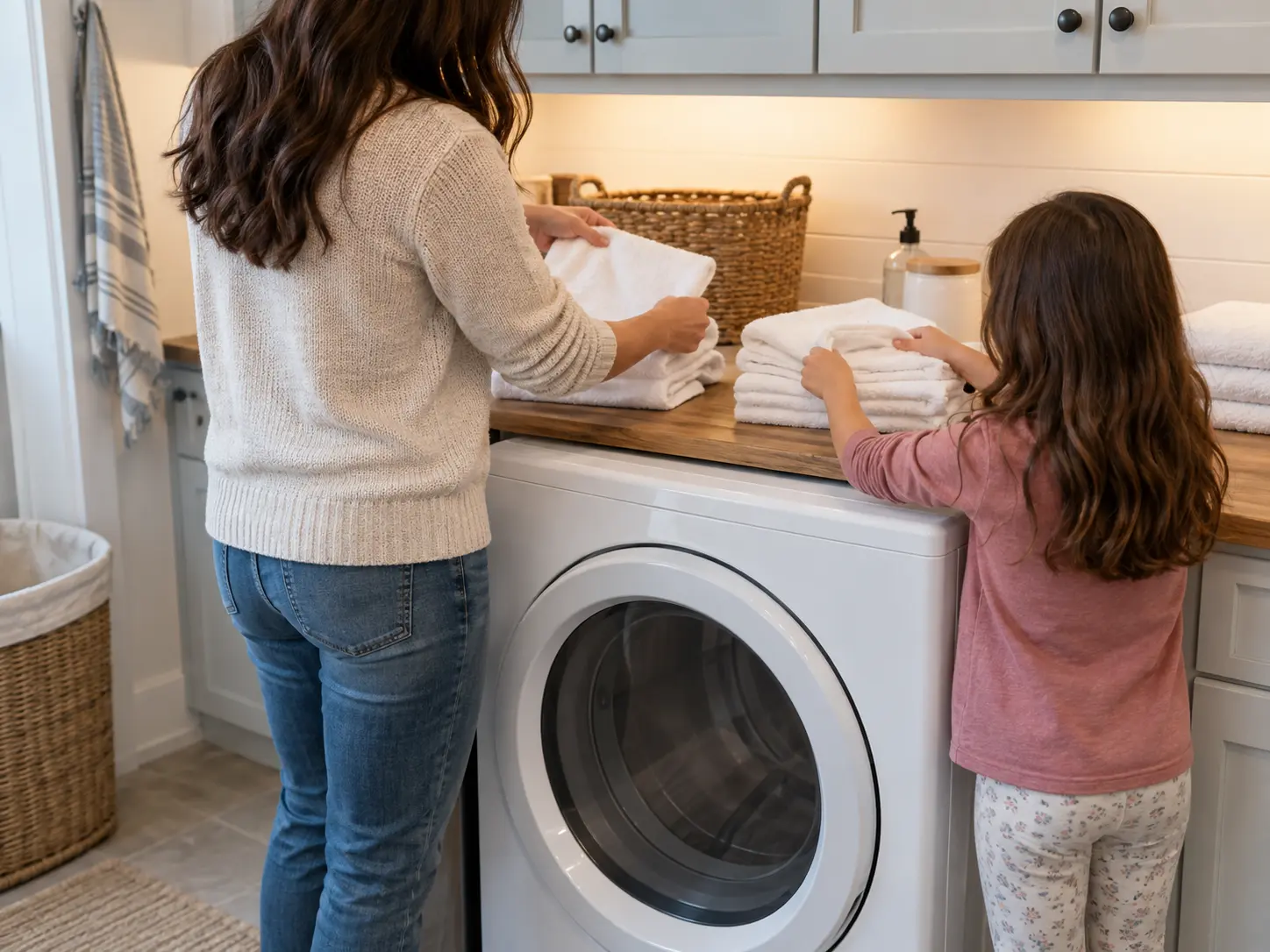 A parent and a child folding warm towels together on top of a front-load dryer in a bright laundry room