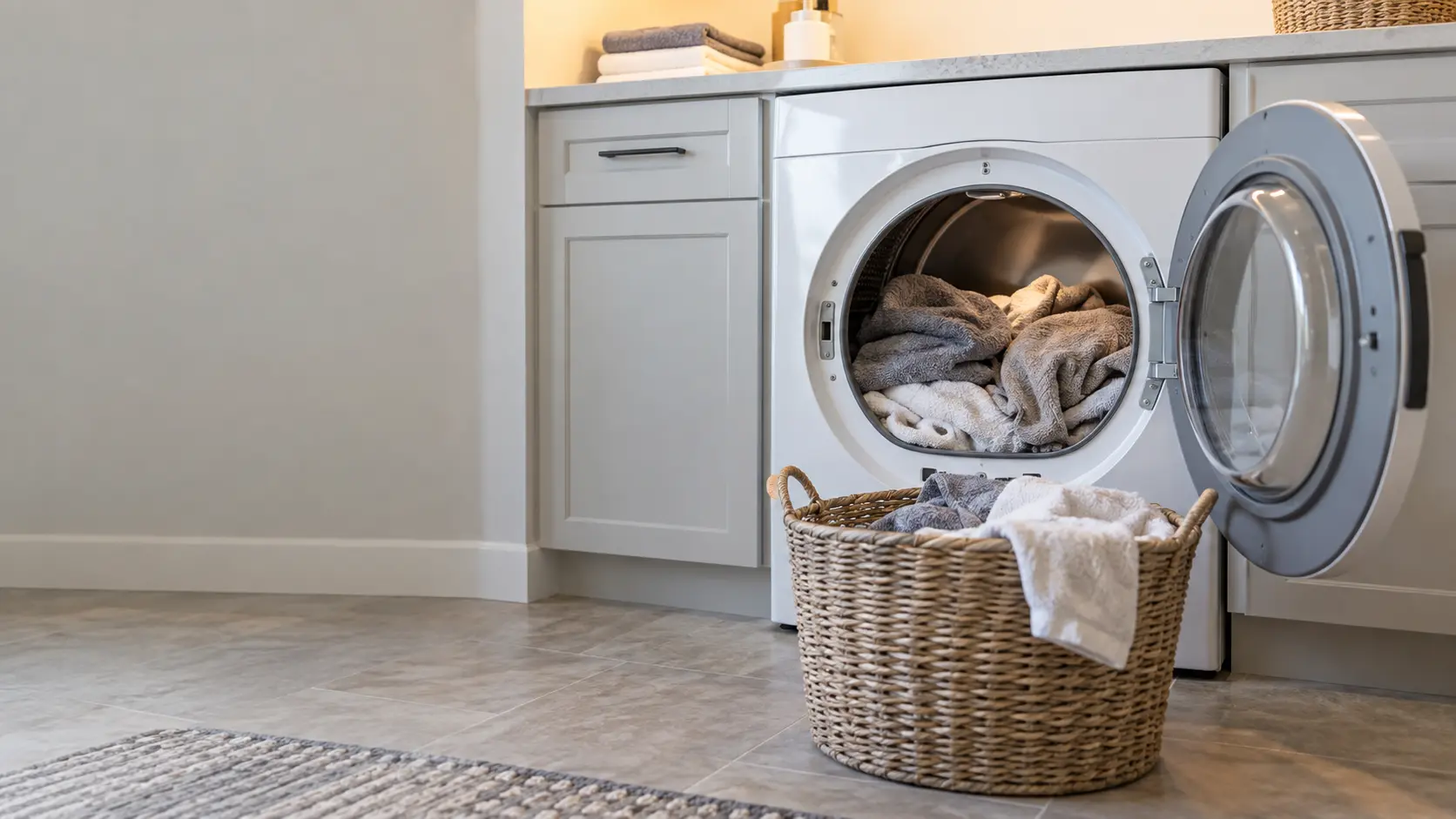 A dryer door open with a load of towels still damp inside, a laundry basket on the floor in front of it.