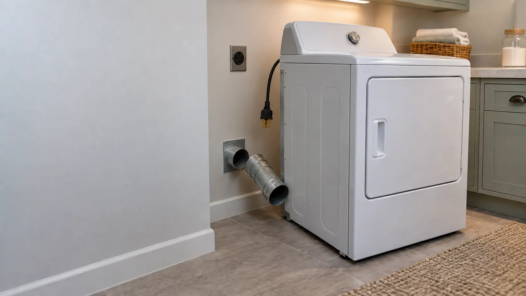 The rigid metal vent duct and the power cord behind a dryer pulled out from the wall.