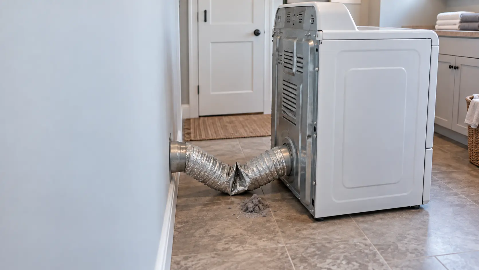 A dryer pulled away from a laundry-room wall, its crushed foil duct and a small lint pile on the floor behind it.