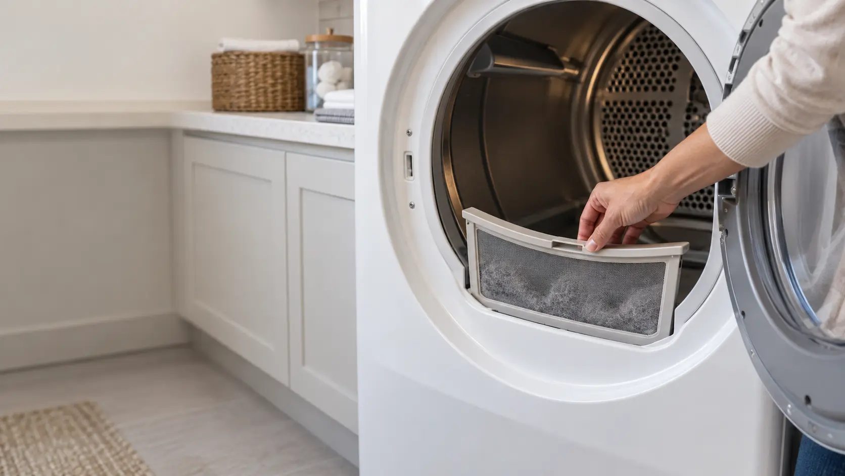 A hand pulling the lint screen out of the door opening of a front-load dryer.