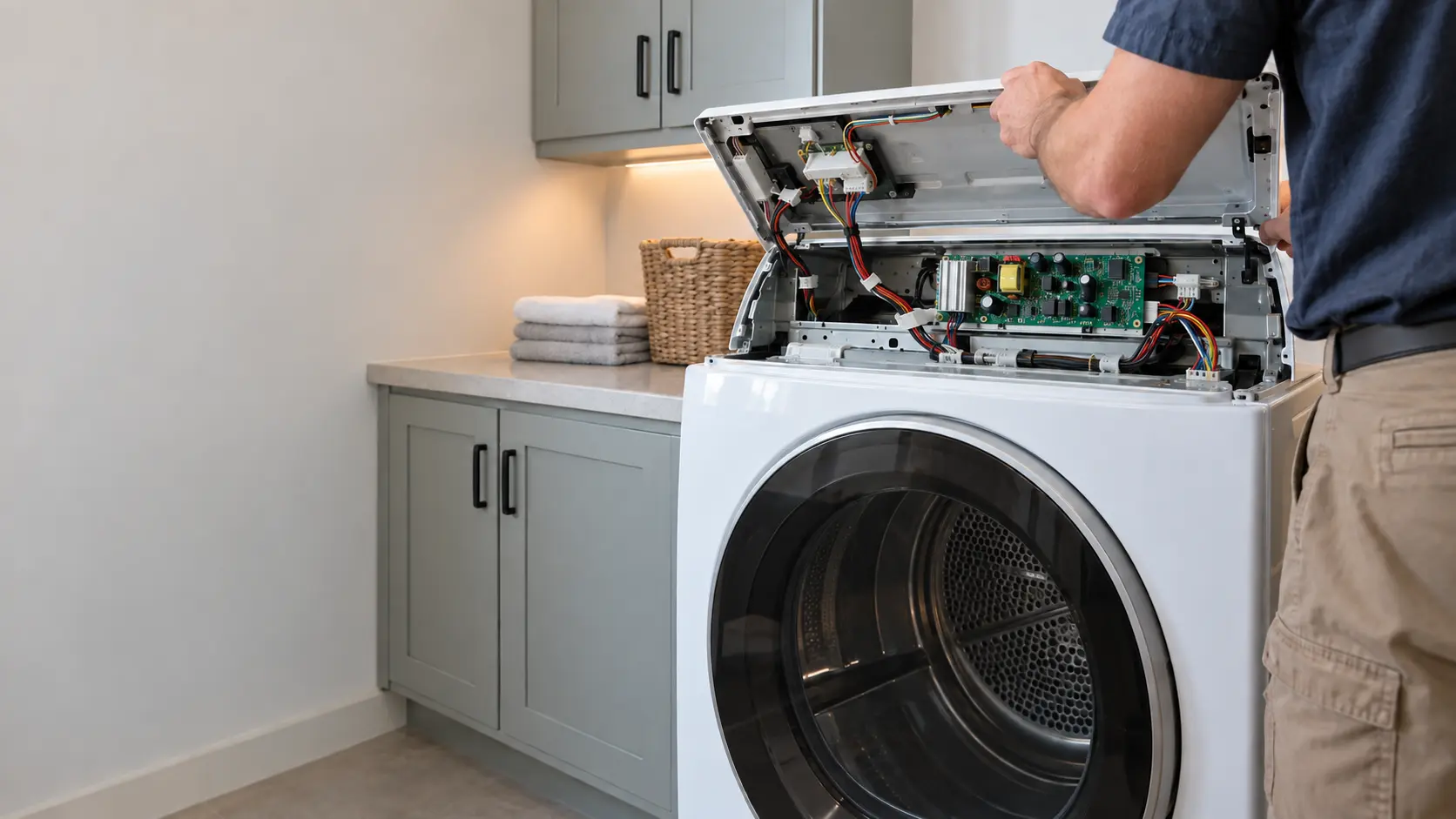 The control console of a front-loading dryer is lifted open in a US home laundry room, showing a circuit board and wiring harness.