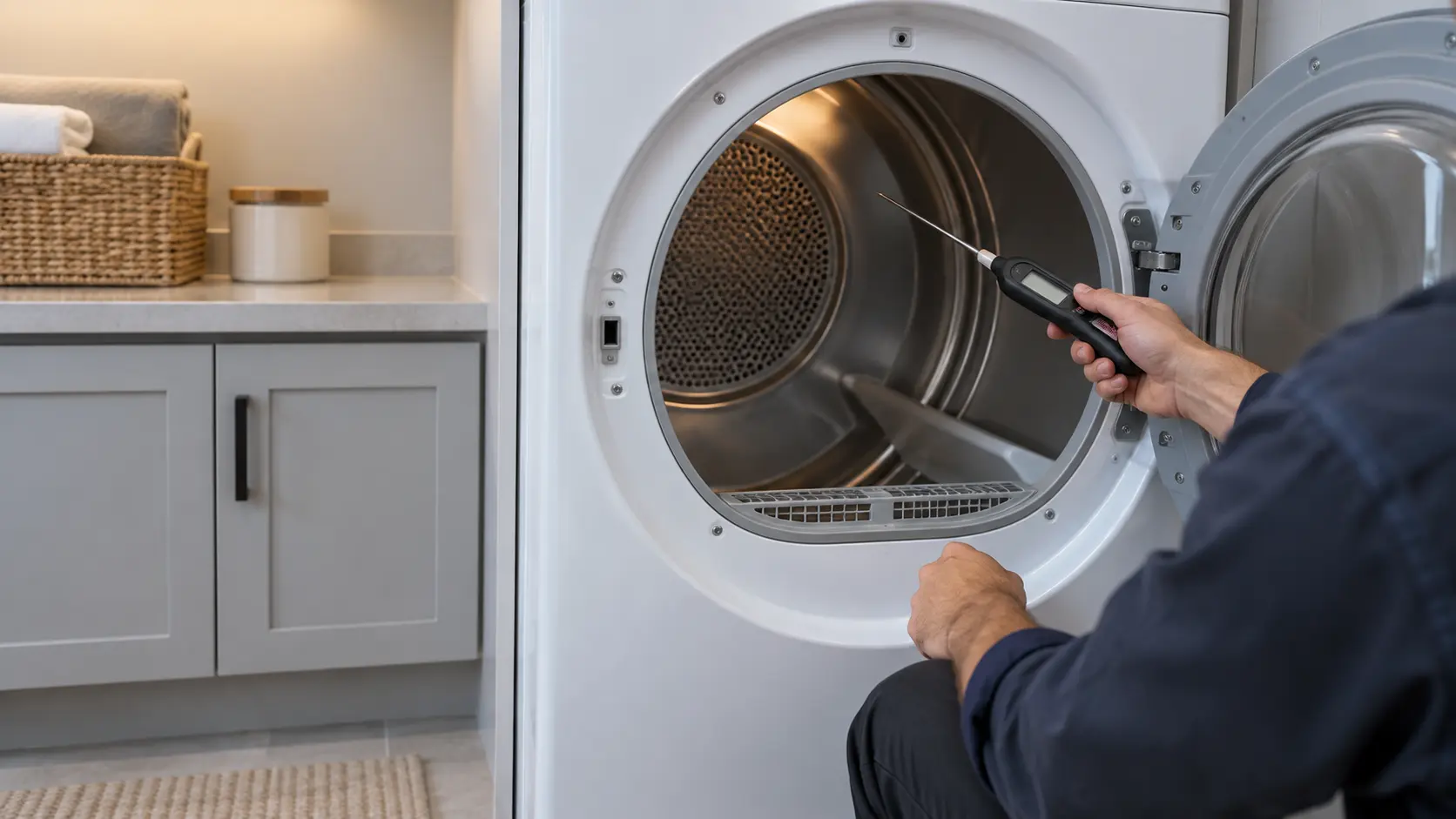 A technician holds a digital thermometer probe at the open door of a front-loading dryer in a US home laundry room.