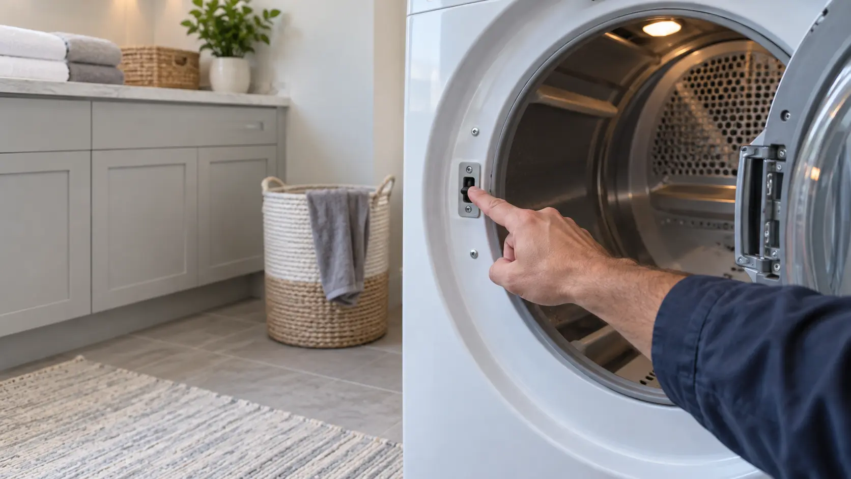 A front-loading dryer door stands open in a US home laundry room, with a technician's finger pressing the small door switch plunger in the door frame.