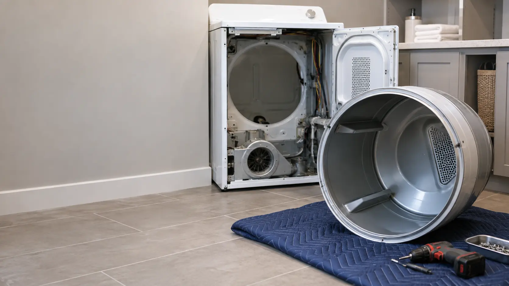 A dryer drum is lifted out and rests on a moving blanket in a US home laundry room.