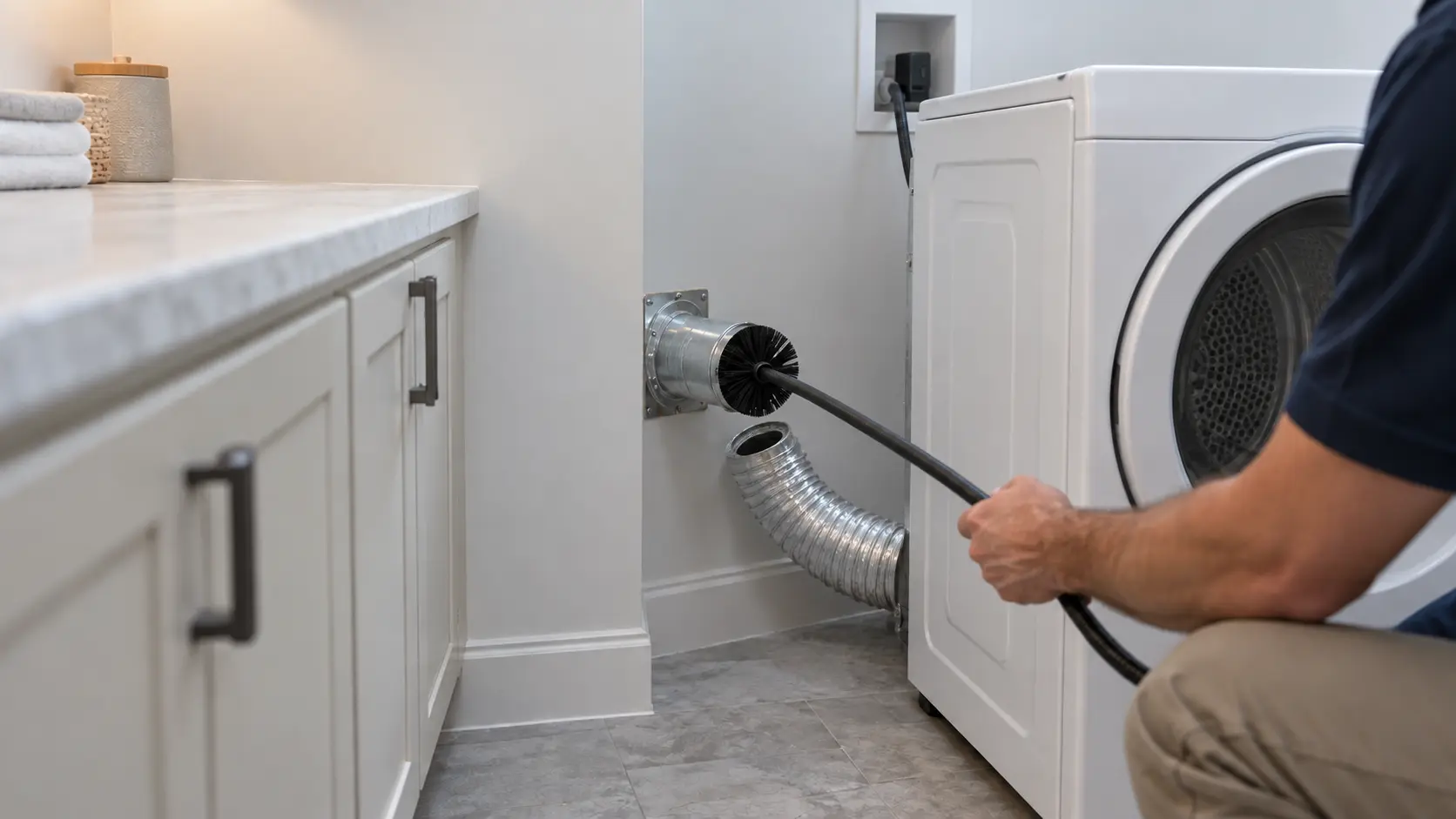 A dryer is pulled away from the wall in a US home laundry room and a long flexible vent brush runs into the 4-inch rigid metal duct.