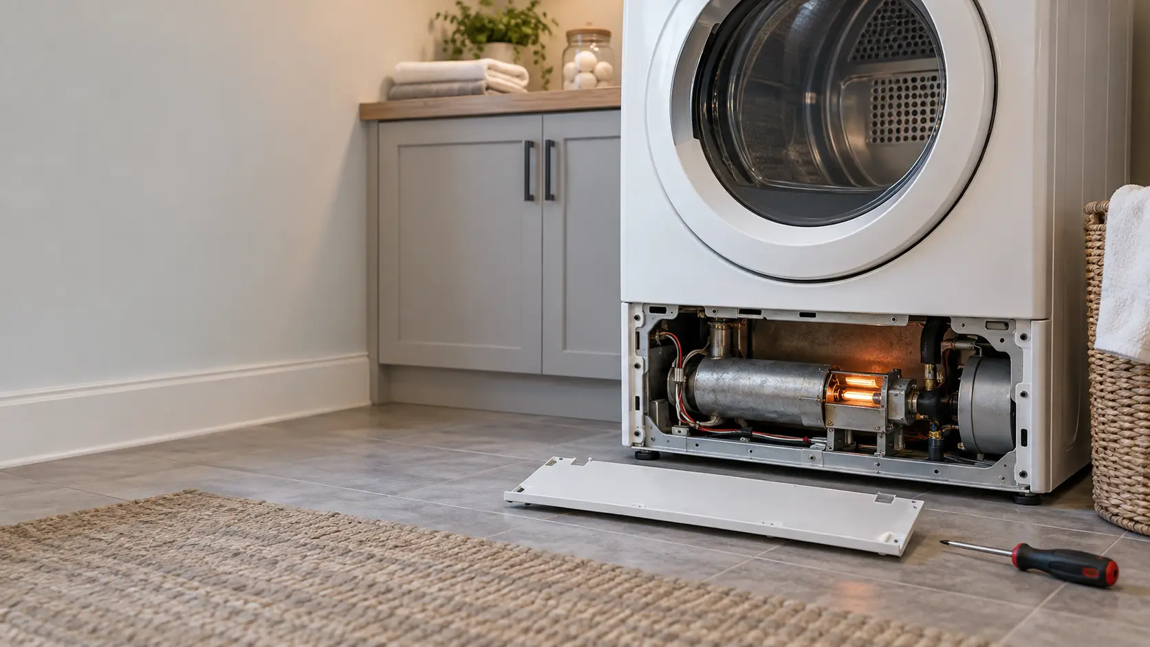 The lower front access panel of a gas dryer is removed in a US home laundry room, showing the burner tube and a glowing orange igniter.