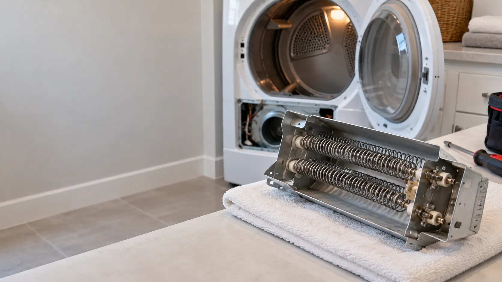 A coiled dryer heating element in its metal housing lies on a towel beside an open electric dryer in a US home laundry room.