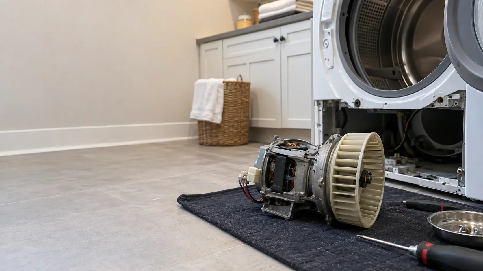 A dryer drive motor with its blower wheel attached lies on a workmat next to an open front-loading dryer in a US home laundry room.