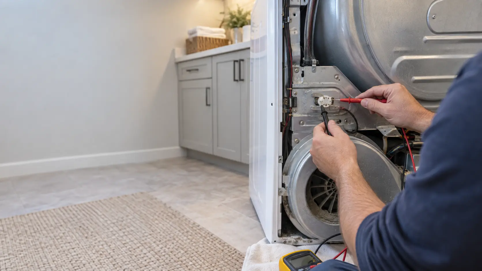 A technician's hands test a small thermal fuse on the blower housing at the back of a dryer pulled out from the wall in a US home laundry room.